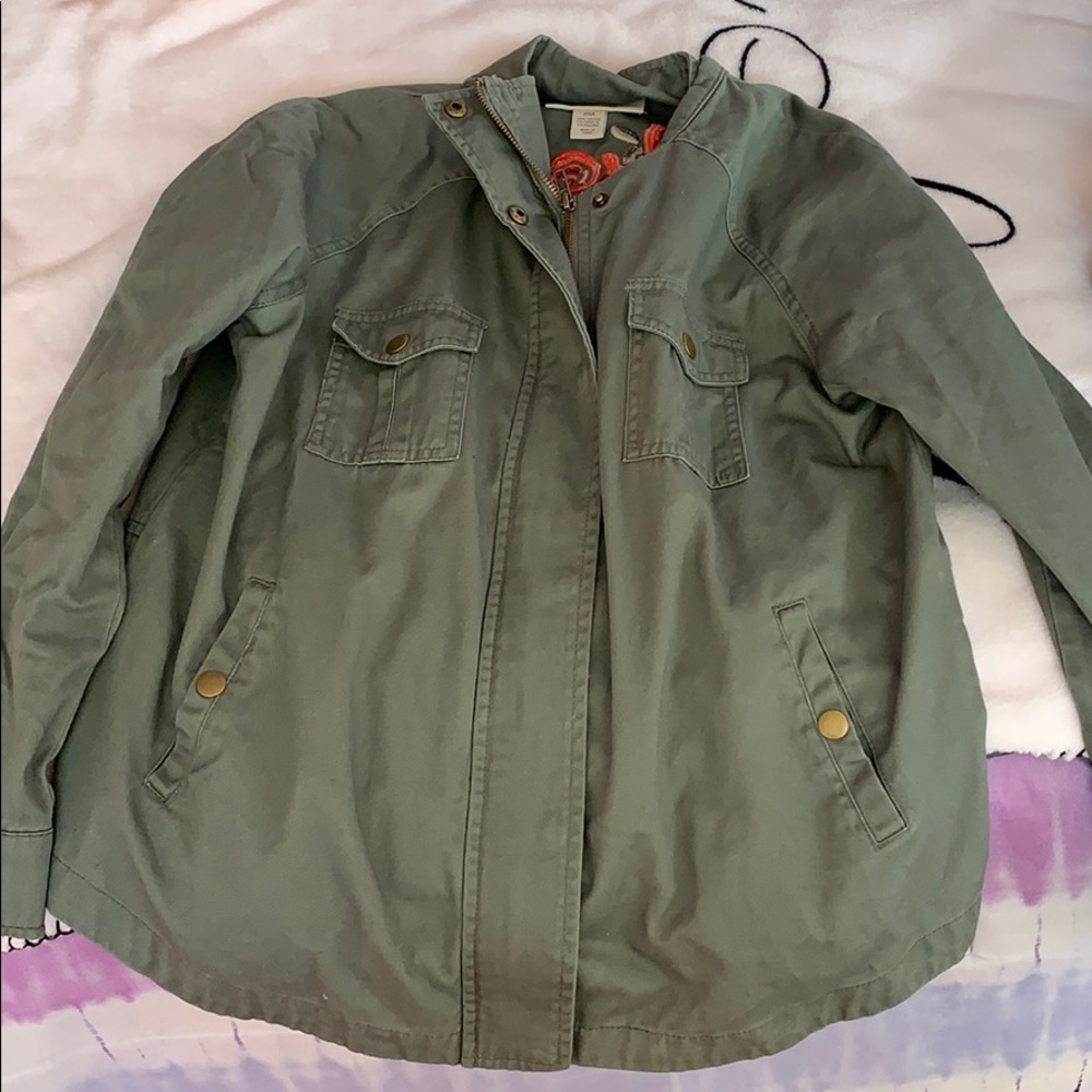 Olive green jacket with roses on back